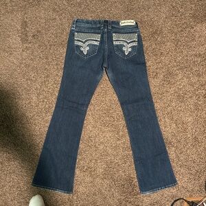 Rock Revival Dark Blue Boot Cut Jeans with White Stitching